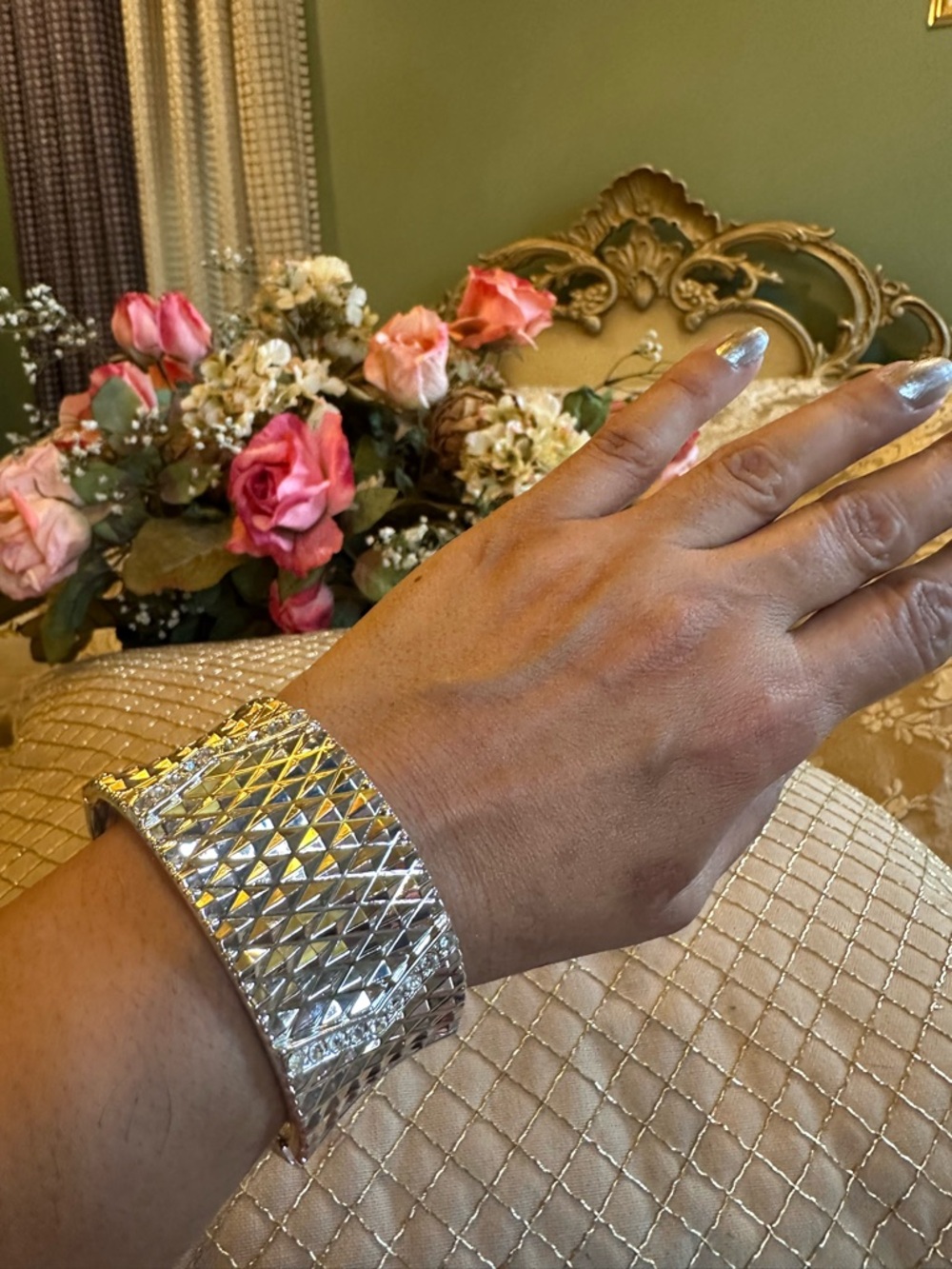 Elegant Wide Silver Patterned Cuff Bracelet